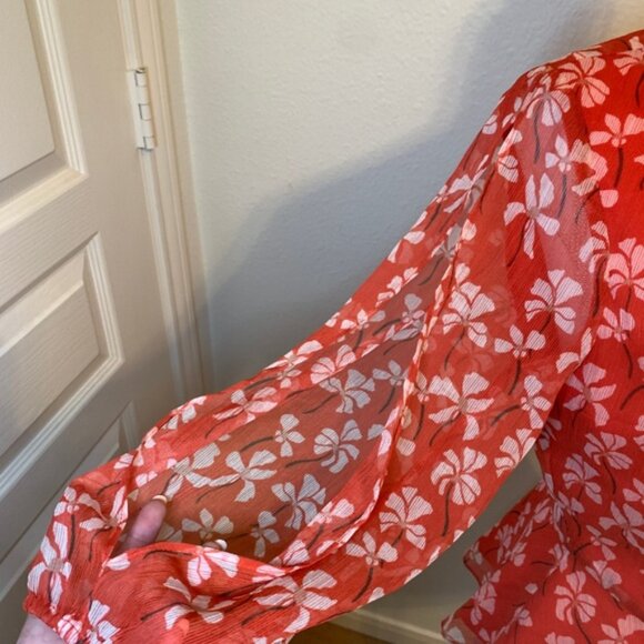 Vintage-Inspired Red Floral Sheer Blouse With Button-Up Front Tie Neckline & Puf - Picture 3 of 5